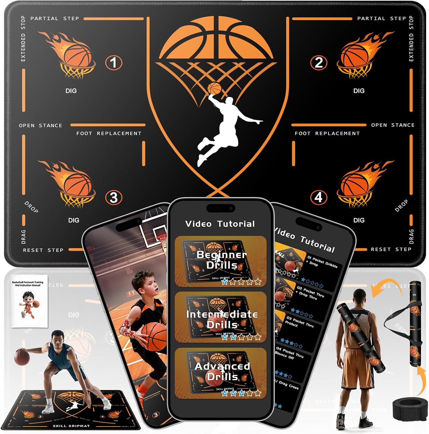 Basketball footwork training mat and video tutorials