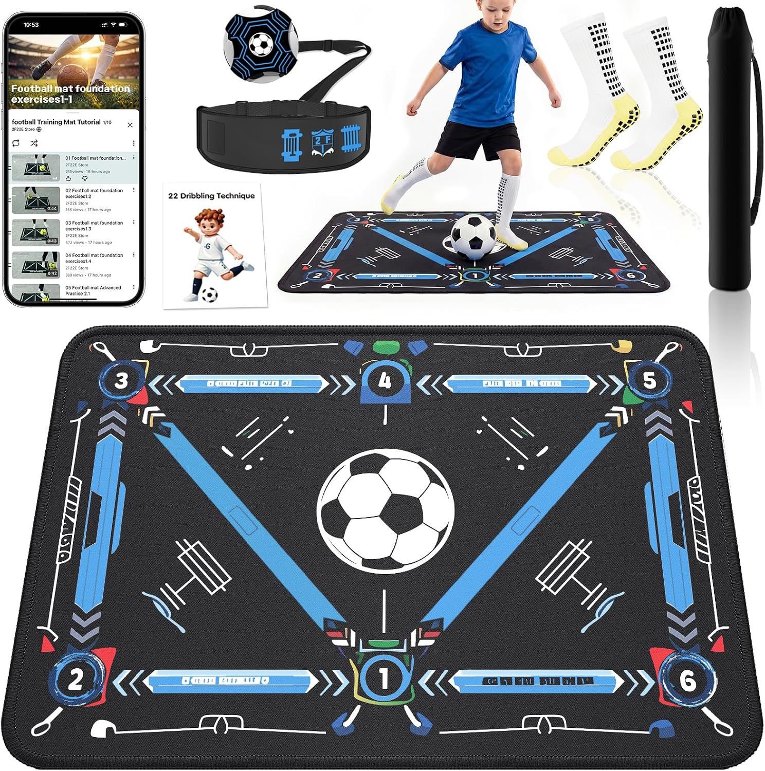 Football training kit with mat, tutorial screens and accessories