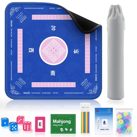 2F22E blue mahjong mat set with dice, wind marker, rules cards, scoring chips and storage bag