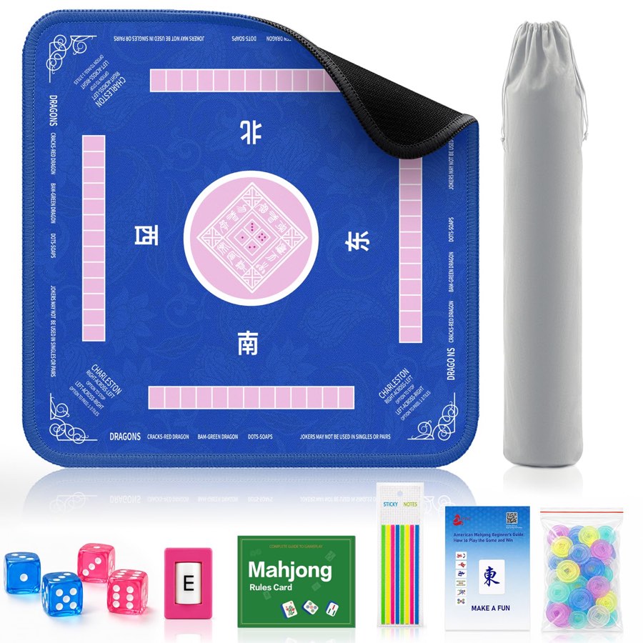 2F22E blue mahjong mat set: mat, storage bag, dice, wind marker, rules card, index tabs and scoring chips